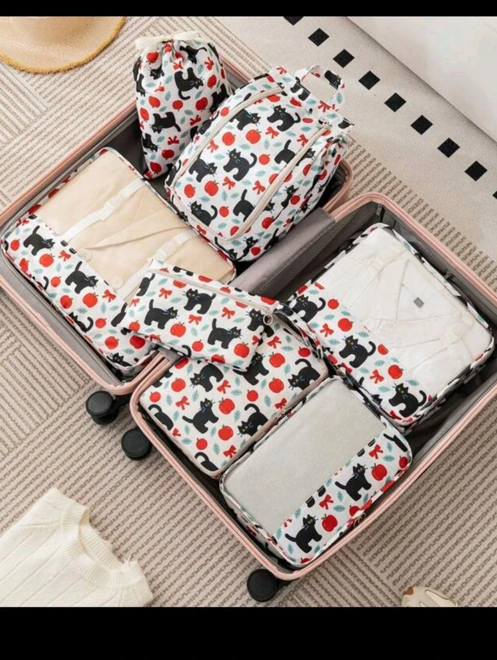 Cat & Apple Packing Cube Set - White with Black and Red Print